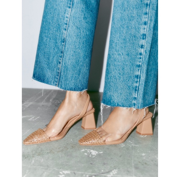 Zara nude / beige clear pvc straw detail slingback block heels - Picture 2 of 6